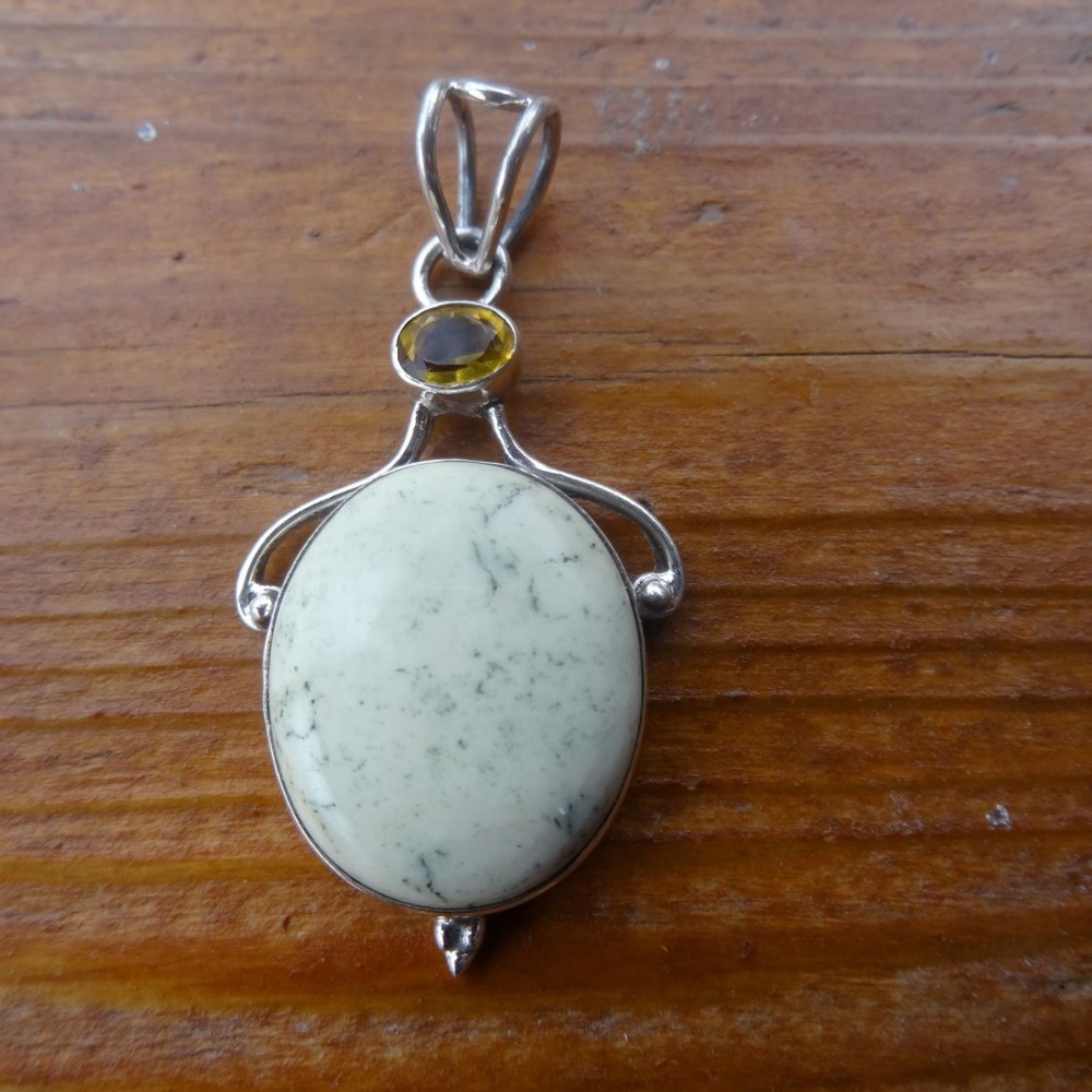 Cream Jasper Gemstone w Sterling Citrine Pendant